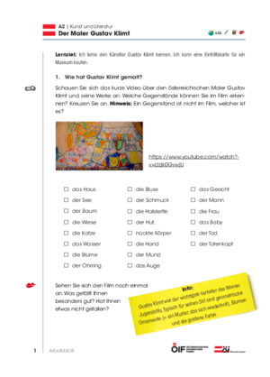 Eine Einheit mit Schwerpunkt Österreich mit dem Titel "Der Maler Gustav Klimt" für die Niveaustufe A2.