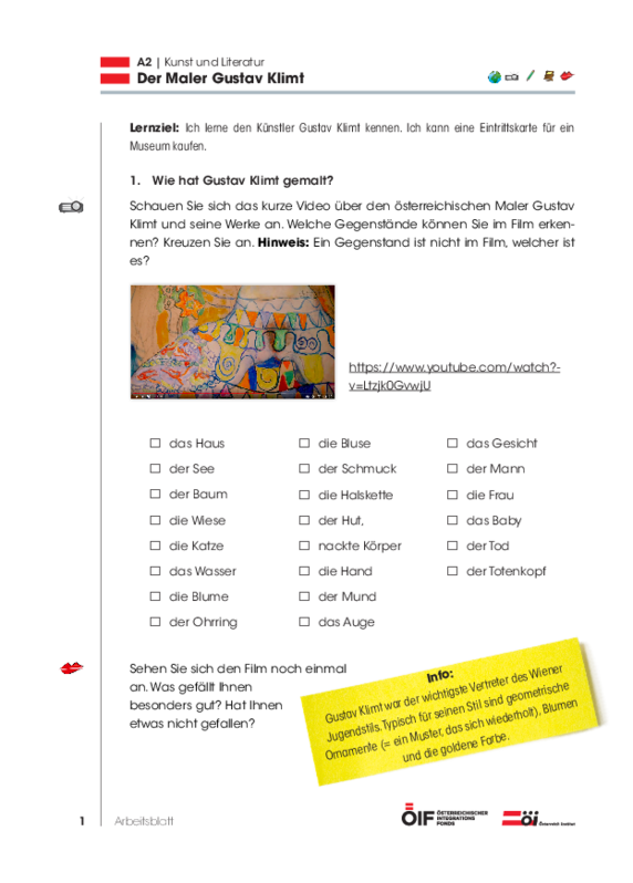 Eine Einheit mit Schwerpunkt Österreich mit dem Titel "Der Maler Gustav Klimt" für die Niveaustufe A2.