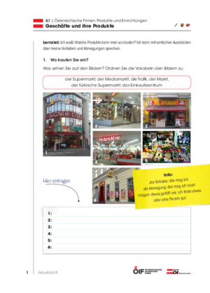 Eine Einheit mit Schwerpunkt Österreich mit dem Titel "Geschäfte und ihre Produkte" für die Niveaustufe A1.