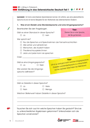 Eine Einheit mit Schwerpunkt Österreich mit dem Titel "Einführung in das österr. Deutsch Teil 1" für die Niveaustufe B1.