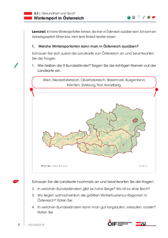 Eine Einheit mit Schwerpunkt Österreich mit dem Titel „Wintersport in Österreich“ für die Niveaustufe A2.