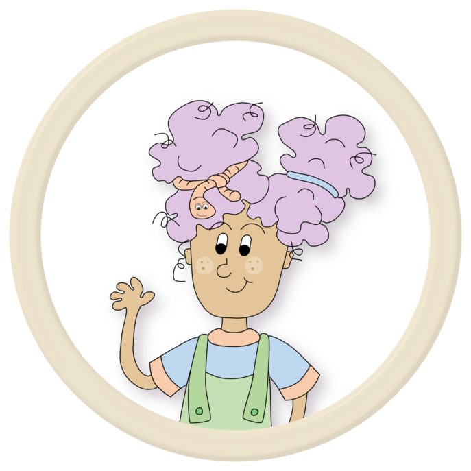 Das Logo von Ilwa Immerfroh ist ein Mädchen mit rosa Haaren und einer grünen Latzhose.