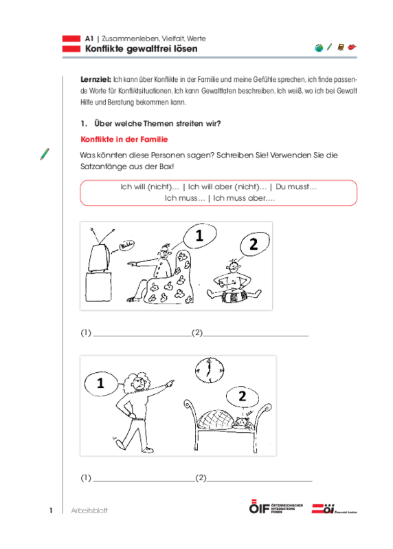 Eine Einheit mit Schwerpunkt Österreich mit dem Titel  "Konflikte gewaltfrei lösen" für die Niveaustufe A1