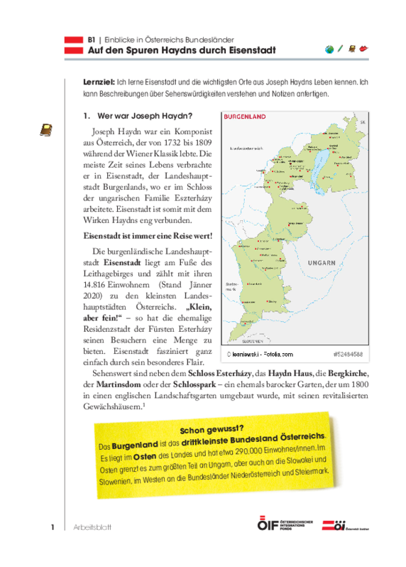 Eine Einheit mit Schwerpunkt Österreich mit dem Titel "Auf den Spuren Haydns durch Eisenstadt" für die Niveaustufe B1. 
