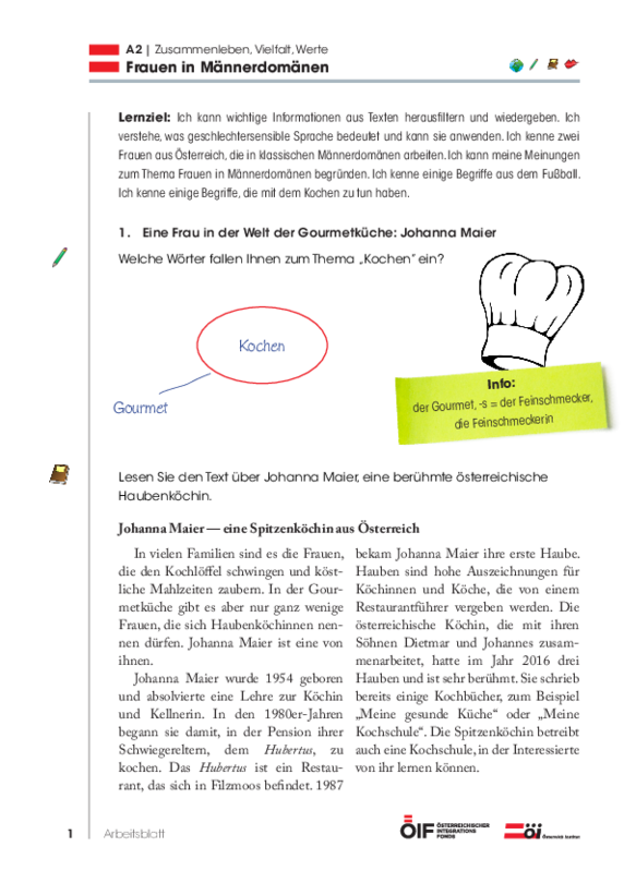 Eine Einheit mit Schwerpunkt Österreich mit dem Titel  "Frauen in Männerdomänen" für die Niveaustufe A2
