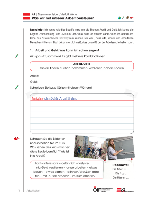 Eine Einheit mit Schwerpunkt Österreich mit dem Titel  "Was wir mit unserer Arbeit beisteuern" für die Niveaustufe A1