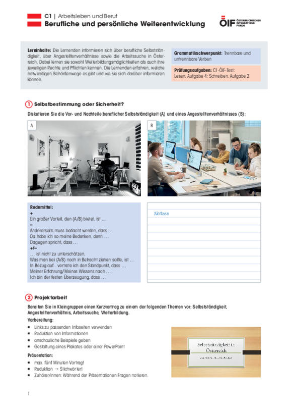Eine Einheit mit Schwerpunkt Österreich mit dem Titel "Berufliche und persönliche Weiterentwicklung" für die Niveaustufe C1. 