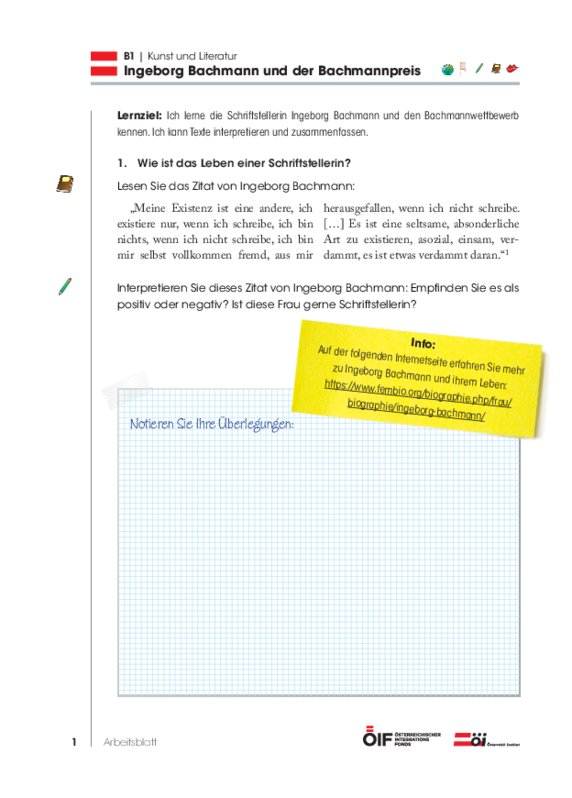 Eine Einheit mit Schwerpunkt Österreich mit dem Titel "Ingeborg Bachmann" für die Niveaustufe B1.