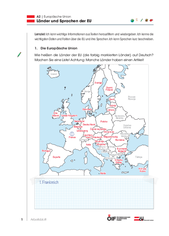 Eine Einheit zu Materialien mit Schwerpunkt Österreich mit dem Titel „Länder und Sprachen in der EU“ für die Niveaustufe A2.