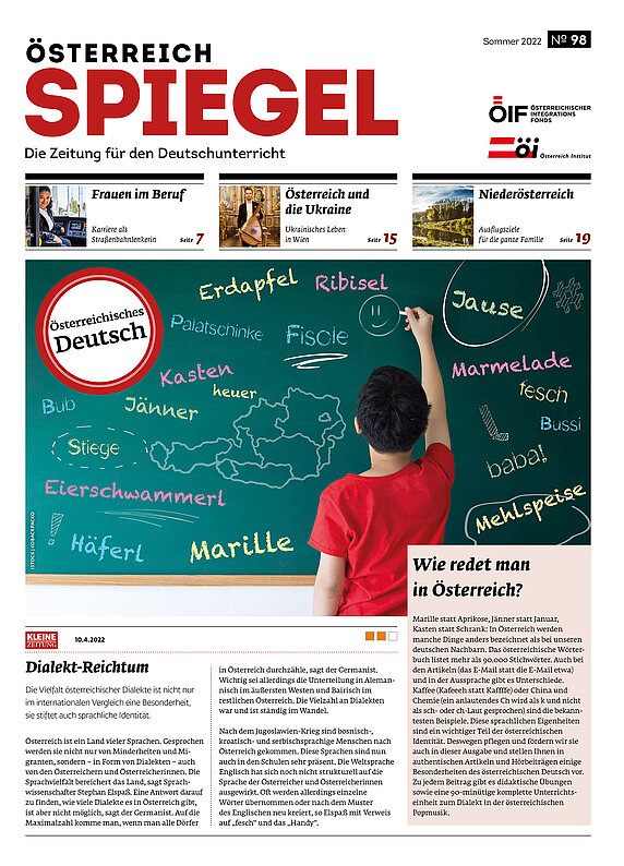 Coverbild der Ausgabe 98 der Zeitschrift Österreich Spiegel mit dem Titel "Österreichisches Deutsch".