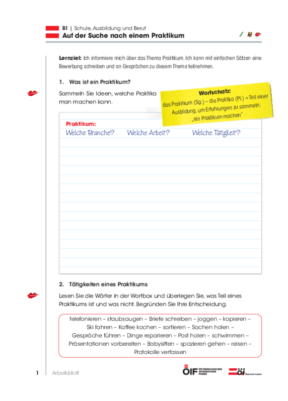 Eine Einheit mit Schwerpunkt Österreich mit dem Titel "Auf der Suche nach einem Praktikum" für die Niveaustufe B1.