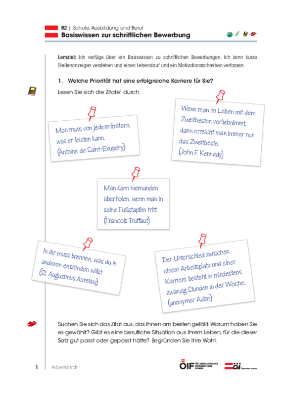 Eine Einheit mit Schwerpunkt Österreich mit dem Titel "Basiswissen zur schrifltichen Bewerbung" für die Niveaustufe B2.