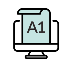 Ein Icon eines Übungstests für die Niveaustufe A1 in hellblau.