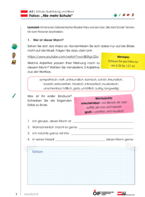 Eine Einheit mit Schwerpunkt Österreich mit dem Titel "Falco - Nie mehr Schule!" für die Niveaustufe A2.