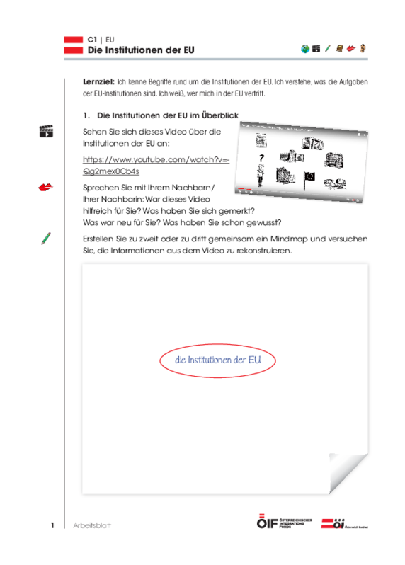 Eine Einheit zu Materialien mit Schwerpunkt Österreich mit dem Titel „Die Institutionen der EU“ für die Niveaustufe C1.