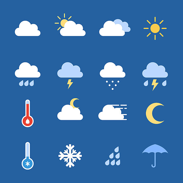 Eine Vektorgrafik mit Wettersymbolen. 