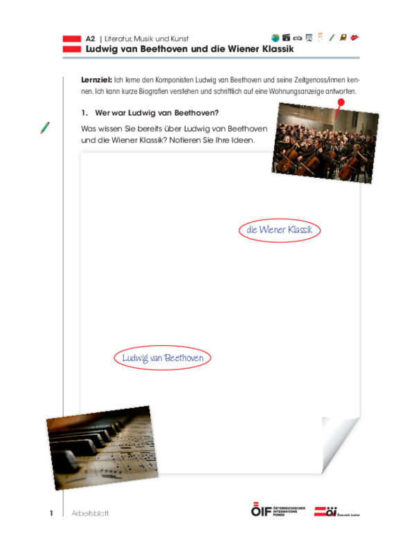 Eine Einheit mit Schwerpunkt Österreich mit dem Titel "Beethoven und die Wiener Klassik" für die Niveaustufe A2.