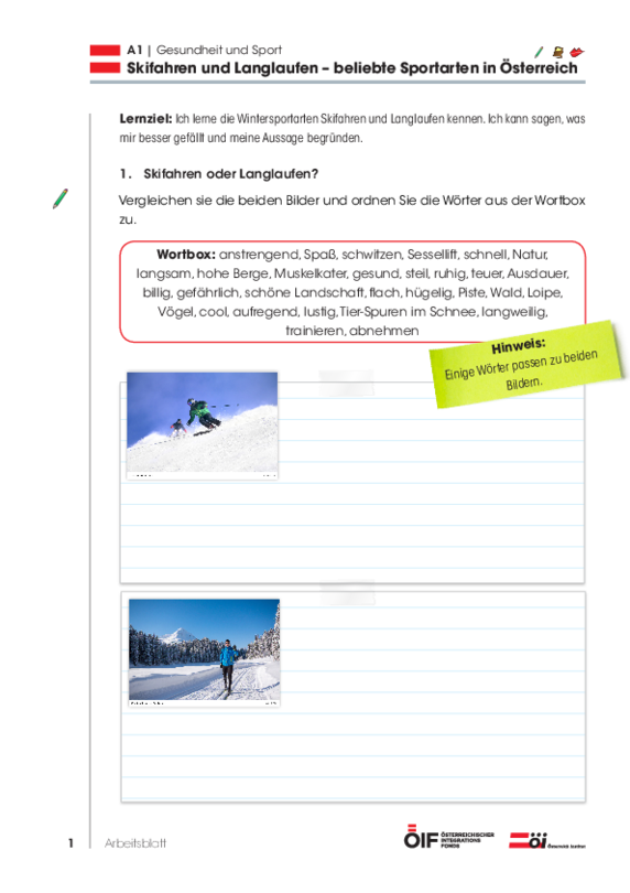 Eine Einheit mit Schwerpunkt Österreich mit dem Titel „Skifahren und Langlaufen“ für die Niveaustufe A1.