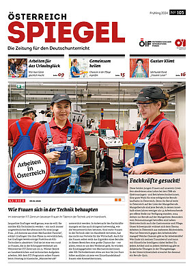 Coverbild der Ausgabe 105 der Zeitschrift Österreich Spiegel mit dem Thema Arbeiten in Österreich.