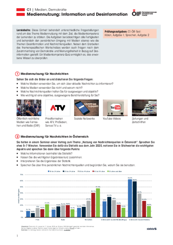 Eine Einheit mit Schwerpunkt Österreich mit dem Titel "Mediennutzung" für die Niveaustufe C1.