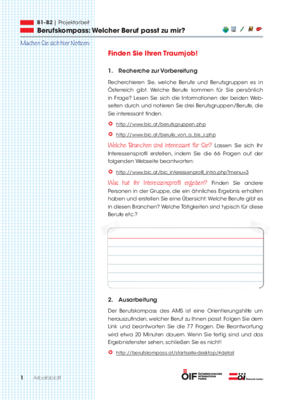Ein Projekt mit Schwerpunkt Österreich mit dem Titel "Berufskompass: Welcher Beruf passt zu mir?" für die Niveaustufe B1-B2.