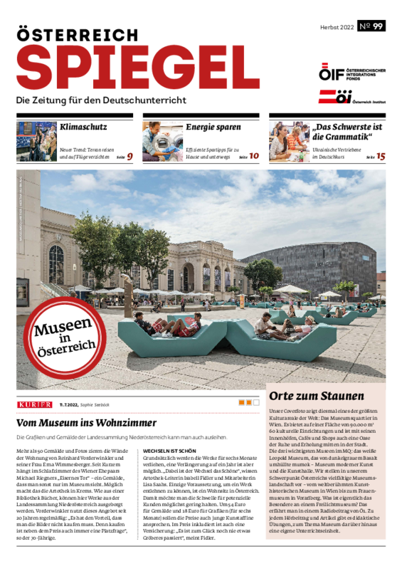 Coverbild der Ausgabe 99 der Zeitschrift Österreich Spiegel mit dem Titel "Museen in Österreich". 