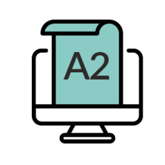 Ein Icon eines Übungstests für die Niveaustufe A2 in dunkelblau.