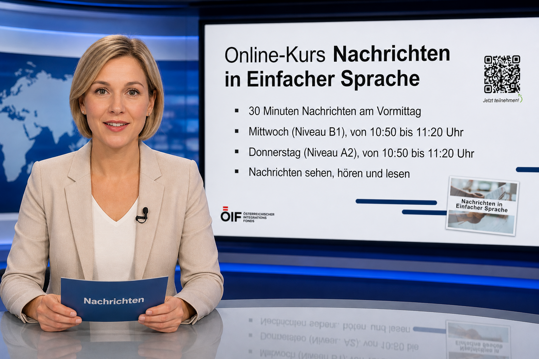 Nachrichtensprecherin sitzt vor einem TV Bildschirm