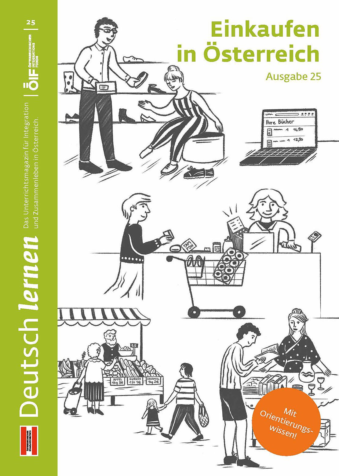 Coverbild der Ausgabe 25 des Unterrichtsmagazins Deutsch lernen mit dem Titel „Einkaufen in Österreich“.