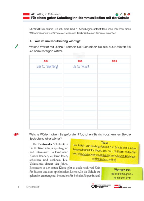 Eine Einheit mit Schwerpunkt Österreich mit dem Titel "Für einen guten Schulbeginn: Kommunikation mit der Schule" für die Niveaustufe A2.