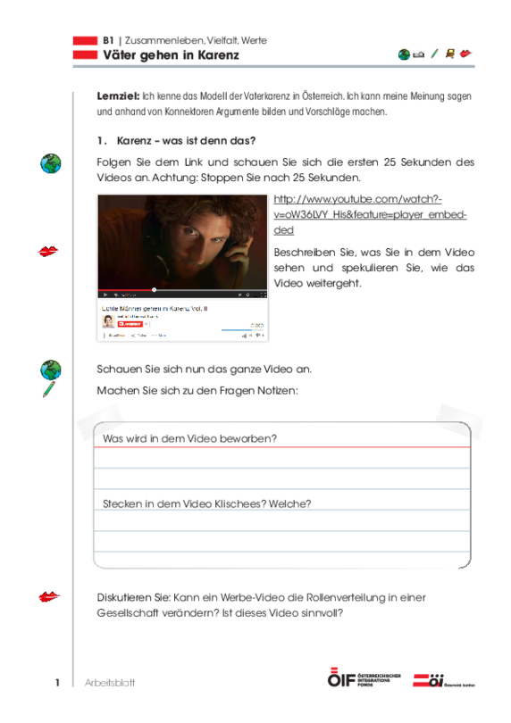 Eine Einheit mit Schwerpunkt Österreich mit dem Titel  "Väter in Karenz" für die Niveaustufe B1