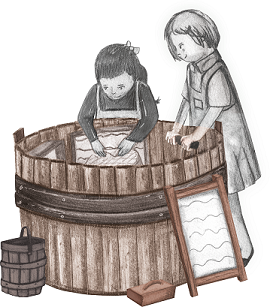 Eine Bleistiftzeichnung mit Kindern an der Waschrumpel.