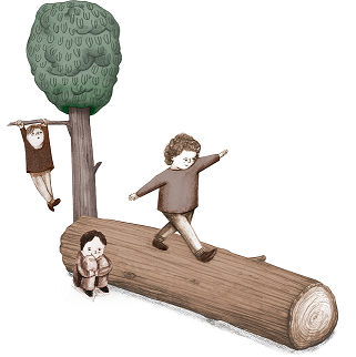 Bleistiftzeichnung von einem Kind, das auf einem Baumstamm balanciert.