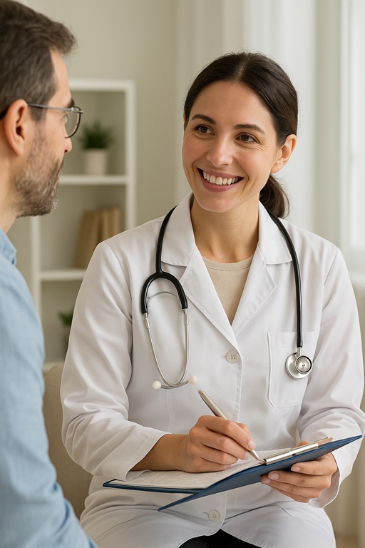 Das Bild wurde mit KI generiert, eine Ärztin bespricht die Anamnese mit einem Patienten.