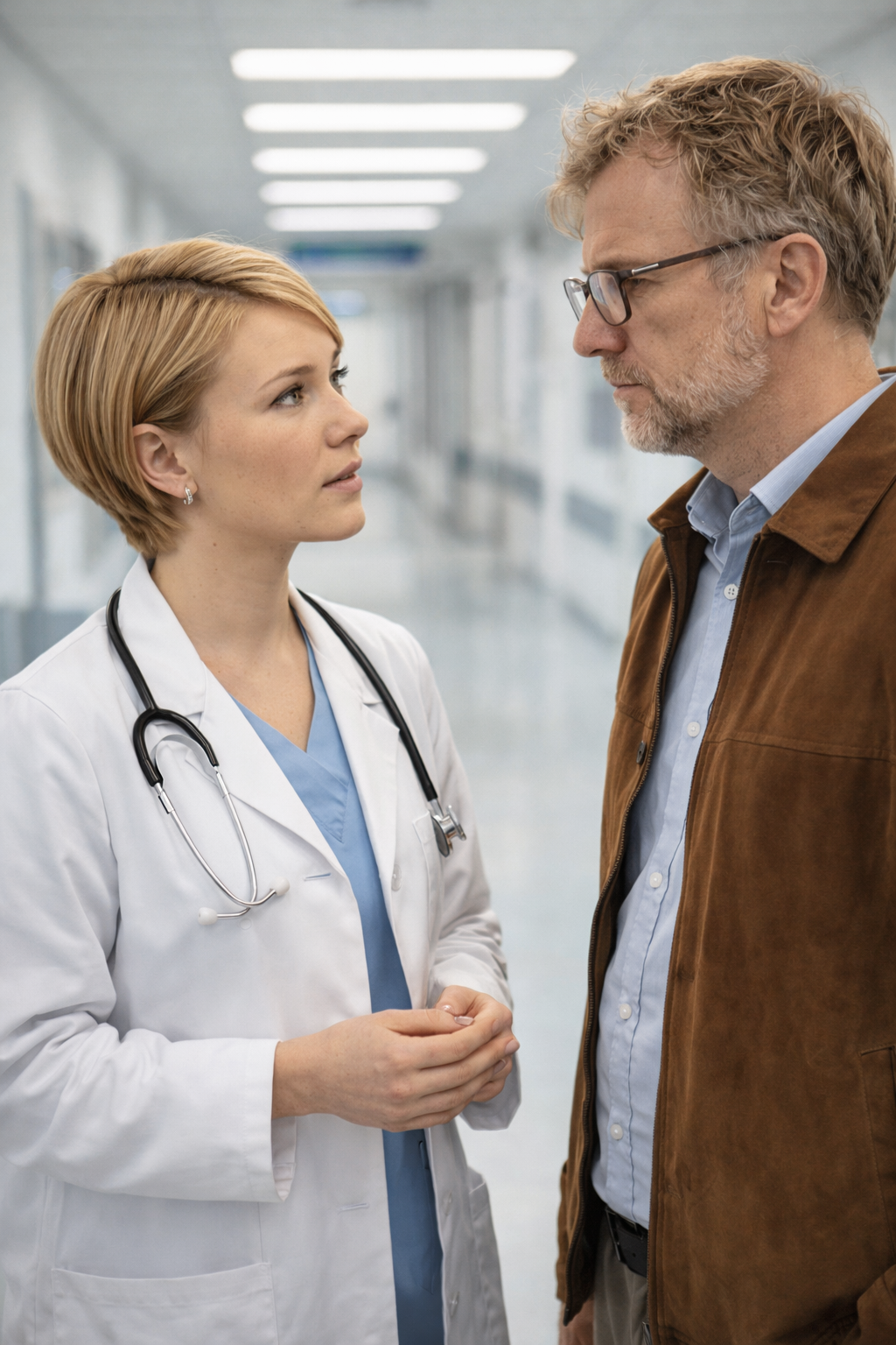 Angehörigengespräch Das Bild wurde mit KI generiert, eine Ärztin spricht mit einem Angehörigen.