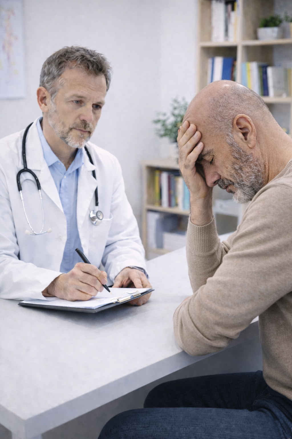 Anamnesegespräch Das Bild wurde mit KI generiert, ein Patient wirkt verzweifelt.