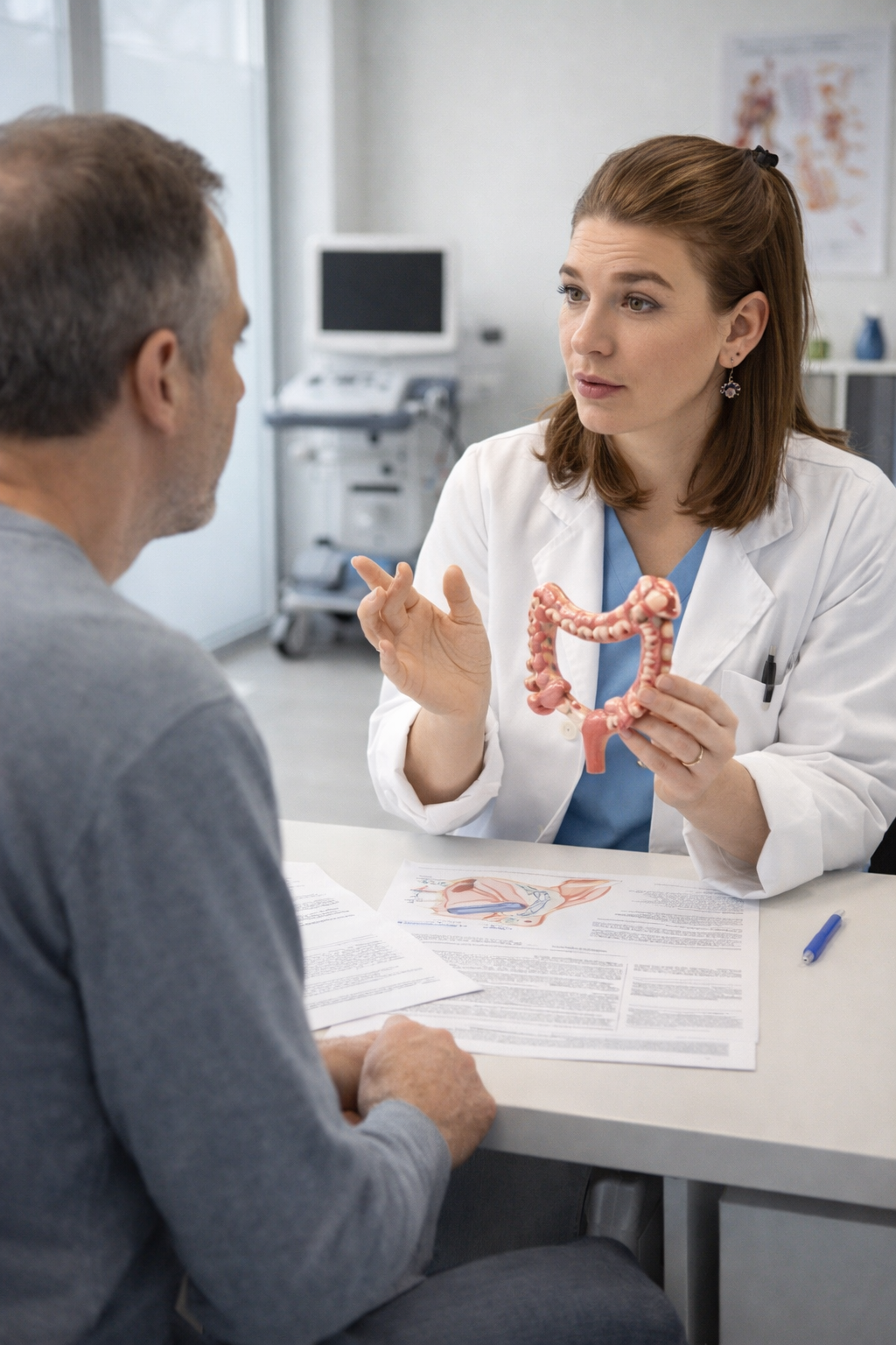 Das Bild wurde mit KI generiert, eine Ärztin erklärt die Untersuchung.