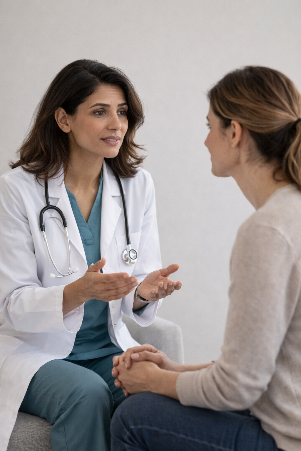 Schwieriges Gespräch Das Bild wurde mit KI generiert, eine Ärztin spricht mit einer Angehörigen.