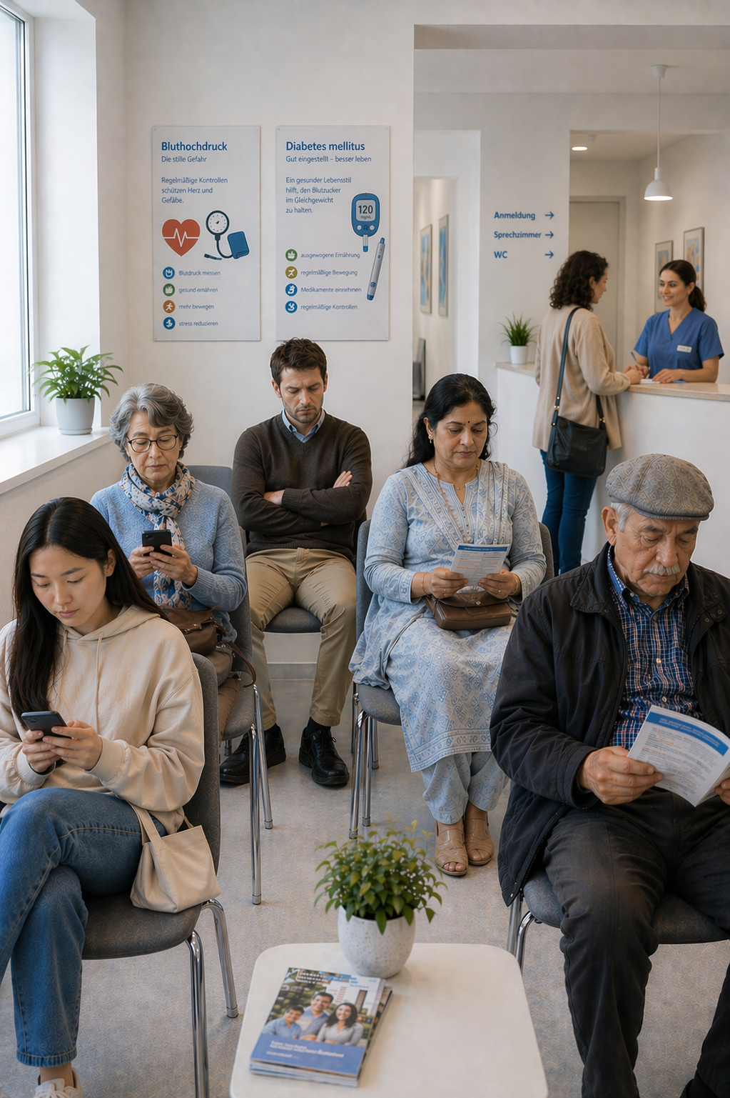 Warteraum Das Bild wurde mit KI generiert, Patientinnen und Patienten unterschiedlichen Alters und Herkunft warten im Wartezimmer.