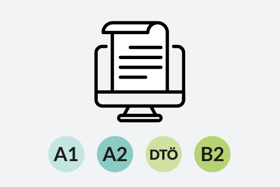 Ein Icon mit einem Online-Übungstest und den darunter stehenden Niveaustufen A1, A2, DTÖ und B2.